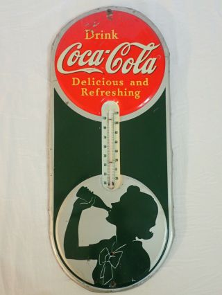 Vintage 1939 Tin Metal Advertising Thermometer Sign Coke Coca - Cola