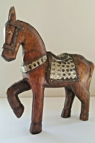 Vintage Hand Carved Wooden Horse Statue Figurine With Hammered Brass Metal Inlay