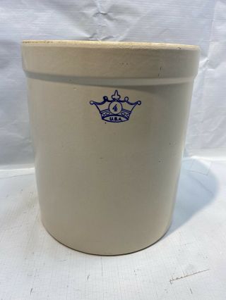 Vintage Antique Stoneware 4 Gallon Crock Large Beige Crown 2