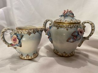 Extremely Rare Antique Cordey Porcelain Cream & Sugar Hand Painted Pale Blue