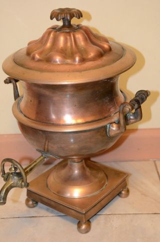 Antique English 19th C Complete Copper & Brass Hot Water Urn Samovar Wood Handle