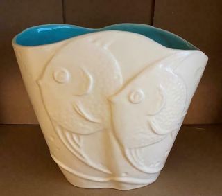 Vintage Catalina Pottery Double Fish Vase White Turquoise California Pottery