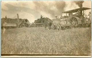 Vintage 1910s Rppc Real Photo Postcard Steam Tractor Farming Haying Scene