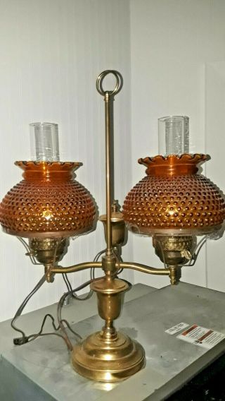 Vintage Double Heavy Brass Student Lamp Hobnail Amber Shades 24x18 (p662) S2a