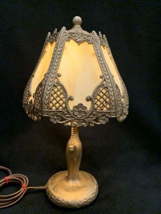 Antique Six Panel Caramel Curved Slag Glass 14 " Tall Boudoir Lamp