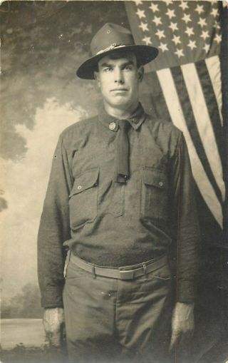 Ww1 Us Soldier Posing In Front Of Flag Patriotic Old Real Photo Postcard View