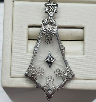 Antique Sterling Silver Camphor Glass Filigree Diamond Pendant 16 " Chain Art.