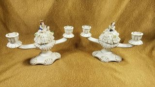 Pair Franz Wittwer Dresden Porcelain Elegant Women Figurine Candleholders Unique
