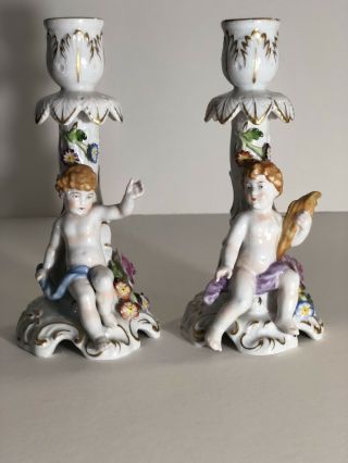 Pair Antique Von Schierholz Handmalerei Cherub Candle Holders Porcelain German