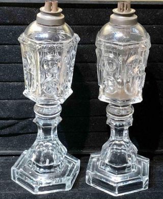 Antique Sandwich Glass " Star & Punty " Whale Oil Lamps,  Burners