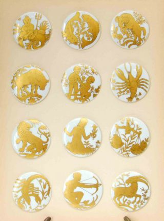 Full Set 12 White Porcelain Button Disc Hand Painted Gold Gilt Zodiac Sign Frame