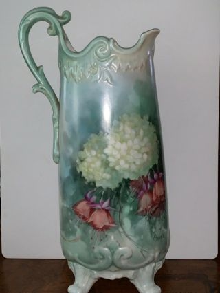 Victorian Era Porcelain Water Pitcher Vase Hand Painted Artist Signed 15.  5”