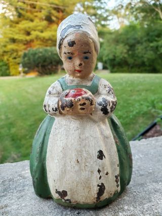 Antique Painted Figural Unmarked Cast Iron Doorstop Dutch Girl W/ Apple Hubley?