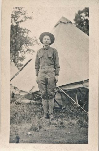 C1914 Rppc World War I Wwi Soldier In Uniform,  Tent,  Photo Postcard