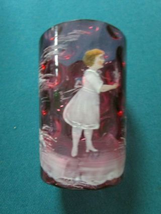 Victorian Mary Gregory Cranberry Coin Glass Hand Painted Girl 4 " Tumbler
