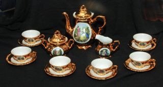 22k Gold Bavaria Germany 17 Piece Tea Coffee Set Stunning Courting Scene Exc Con