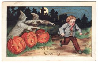 1913 Vintage Postcard: " A Halloween Greeting " W/ Ghosts,  Pumpkins & Scared Boy
