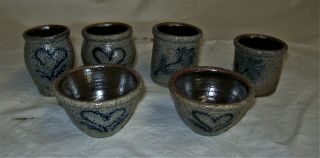 Miniature Pottery Cobalt Decorated Stoneware Salt Glaze Set Of 6