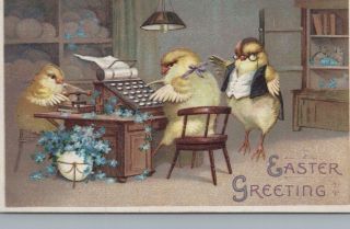 Postcard Easter Greetings Chicks In Office Vintage Anthropomorphism