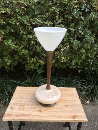 Vintage Torchiere Tall Mid Century Table Lamp Rembrandt Style Ceramic Wood 23”