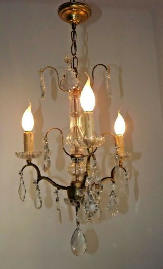 French Vintage 3 Light Gilt Bronze Glass and Crystal Chandelier 2496 2