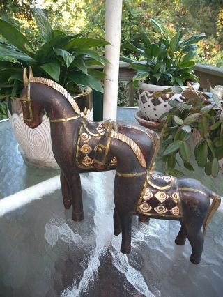 Vintage Decorative Hand Carved Wooden Horses With Copper And Brass Inlay.