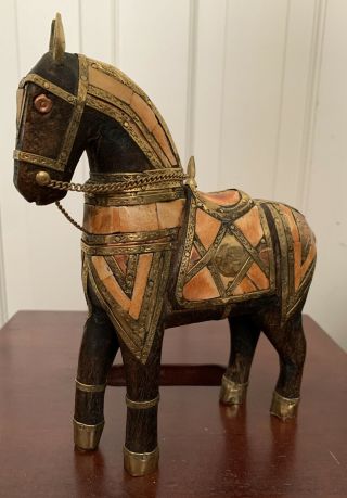 Vintage Handcarved Wood Horse Figure Decor Hammered Copper Brass /inlay
