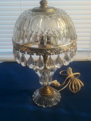 Vintage 13 " Crystal Cut Glass Boudoir Table Lamp W/ 24 Glass Teardrops