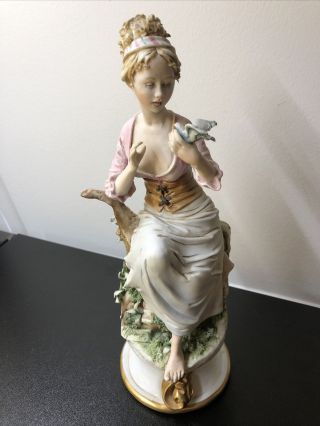 Lovely Vintage Capodimonte Italian Porcelain Figure Of Girl With A Bird