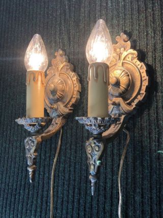 Vintage Pair Lapco 1848 Cast Iron Electric Candle Wall Sconces Art Deco