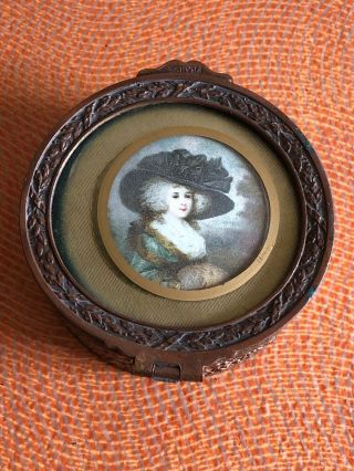 Antique 19th C French Gilt Bronze Jewelry Box W/ Miniature Print Of The Lady