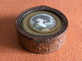 ANTIQUE 19th C FRENCH GILT BRONZE JEWELRY BOX w/ MINIATURE Print Of The Lady 2
