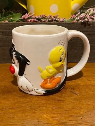 Vintage Looney Tunes Mug Sylvester & Tweety Bird Coffee Mug Cup 1999 3d Vtg 90s