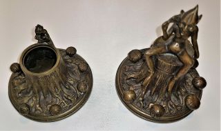 Pair Antique English Inkwells With Gnomes Sitting On A Tree Stump With Mushrooms