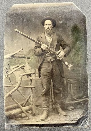 Antique Tin Type Photograph Man & Fancy Rifle Hunter Gun Interest Unidentified