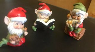 Vintage Homco Set Of Three 4” Ceramic Christmas Elf Figurines - Made In Taiwan
