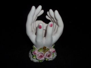 Vintage 1950’s Lefton Hand - Painted Glossy Glazed Pink Porcelain Hand Vase Roses