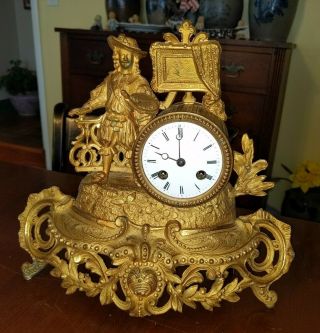 Antique French Figural Clock Renaissance Painter Gilt Brass