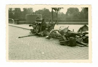 German Soldier And Destroyed German Vehicle,  Ww2.  Photo