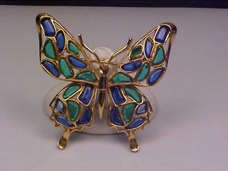 Vintage Signed Crown Trifari Goldtone & Blue/green Lucite Butterfly Brooch