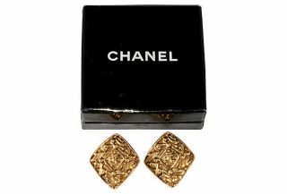 Chanel Earrings Made In France Cc Logo W/ Box Diamond Shaped 1980s Vtg