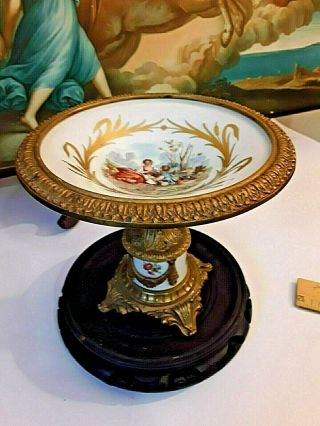 Antique French Bronze Gold Gilt Enameled Hand Painted Compote Center Piece Bowl