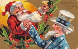 Christmas Greetings Santa Claus And Uncle Sam Vintage Postcard Aa29904