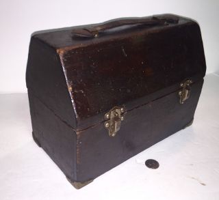 Rare Lunchbox Early Wooden Dome Top Leather Handle Brass Eagle Locks Look