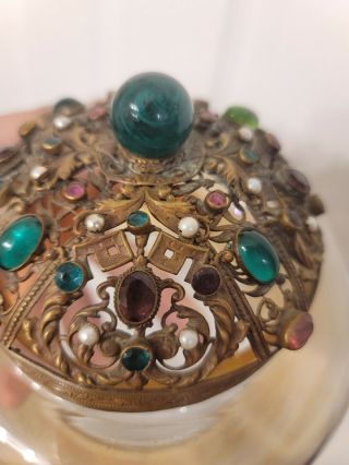 Antique Czech Brass And Glass Jeweled Potpourri Jar Box