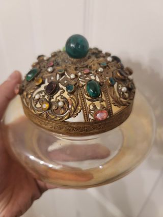 Antique Czech Brass and Glass Jeweled Potpourri Jar Box 2