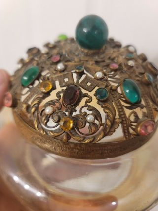 Antique Czech Brass and Glass Jeweled Potpourri Jar Box 3