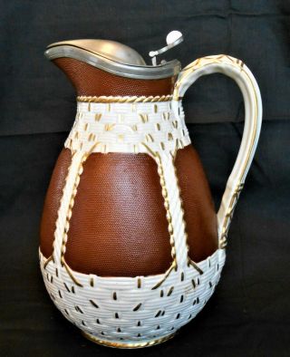 Antique Westminster Pottery England Pitcher Jug W/ Pewter Lid Ca 1875