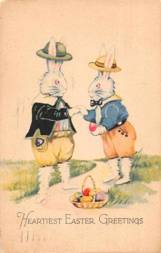 Easter Greetings Dressed Rabbit Wearing Hats Vintage Postcard Aa10030