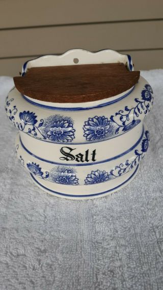 Vintage Glazed Salt Box Stoneware Crock Blue Floral With Wooden Lid